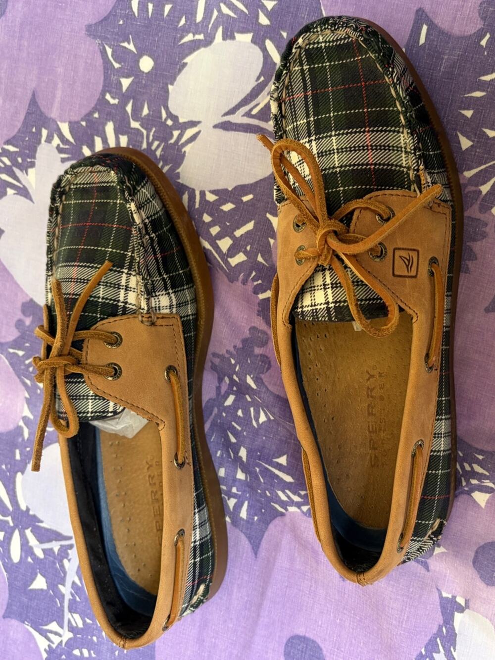 Never Worn Sperry Plaid Canvas and Tan Leather Lace-Up Boat Shoes
